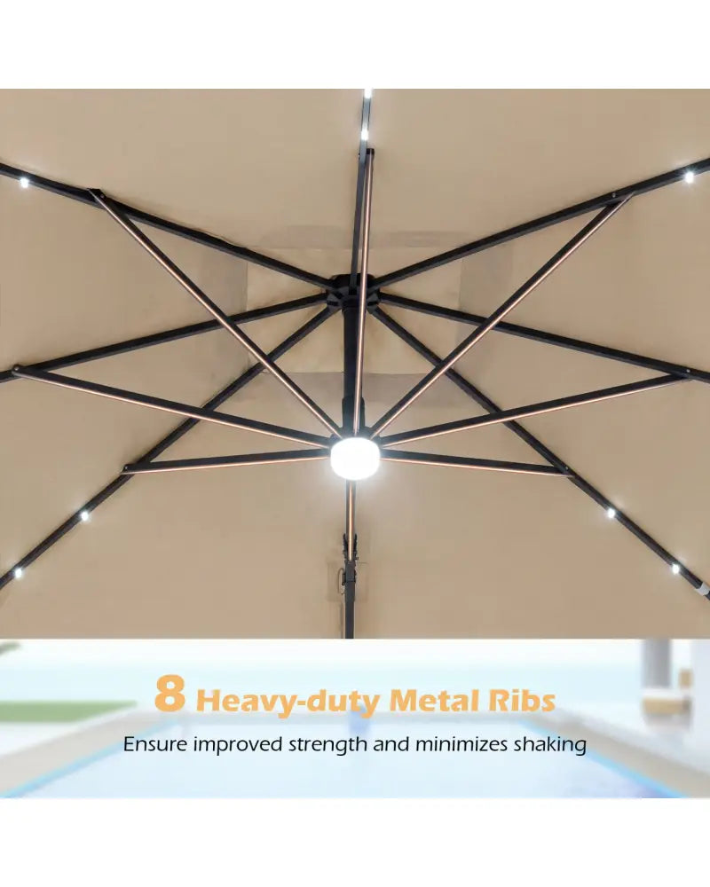 10 FT Cantilever Patio Umbrella with 32 Solar LED Lights and 220 LBS Base-Beige - Beige - Outdoor Umbrellas