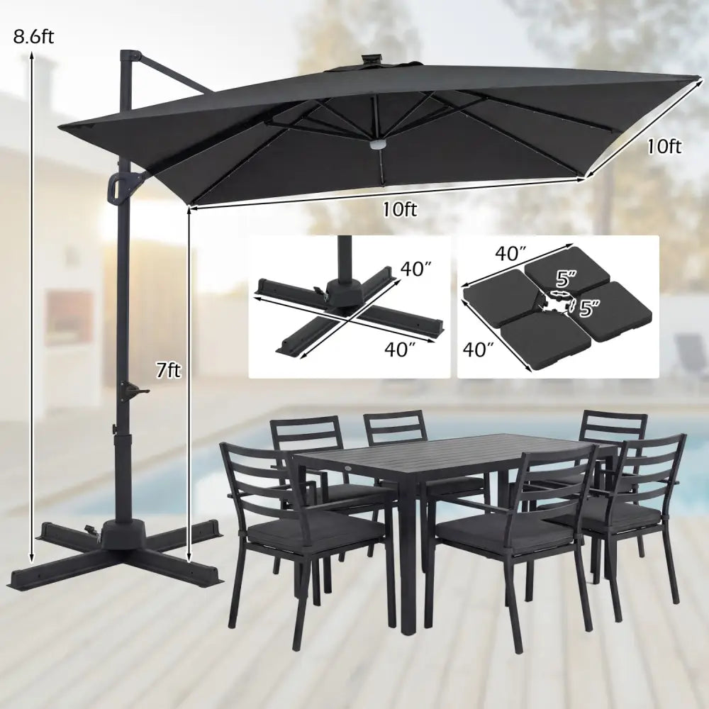 10 FT Cantilever Patio Umbrella with 32 Solar LED Lights and 220 LBS Base-Gray - Gray - Outdoor Umbrellas