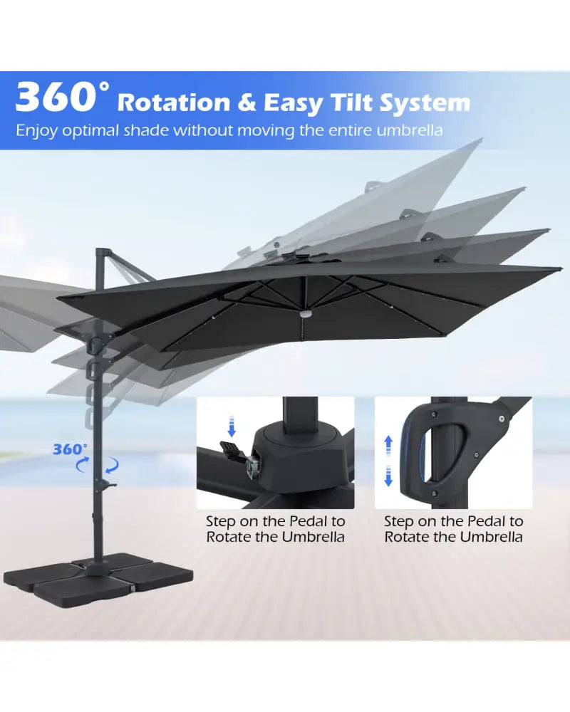 10 FT Cantilever Patio Umbrella with 32 Solar LED Lights and 220 LBS Base-Gray - Gray - Outdoor Umbrellas
