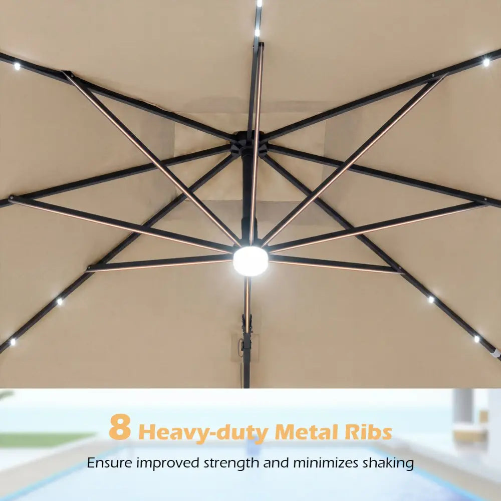 10 FT Cantilever Patio Umbrella with 32 Solar LED Lights and 220 LBS Base-Beige - Beige - Outdoor Umbrellas