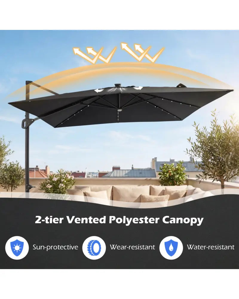 10 FT Cantilever Patio Umbrella with 32 Solar LED Lights and 220 LBS Base-Gray - Gray - Outdoor Umbrellas