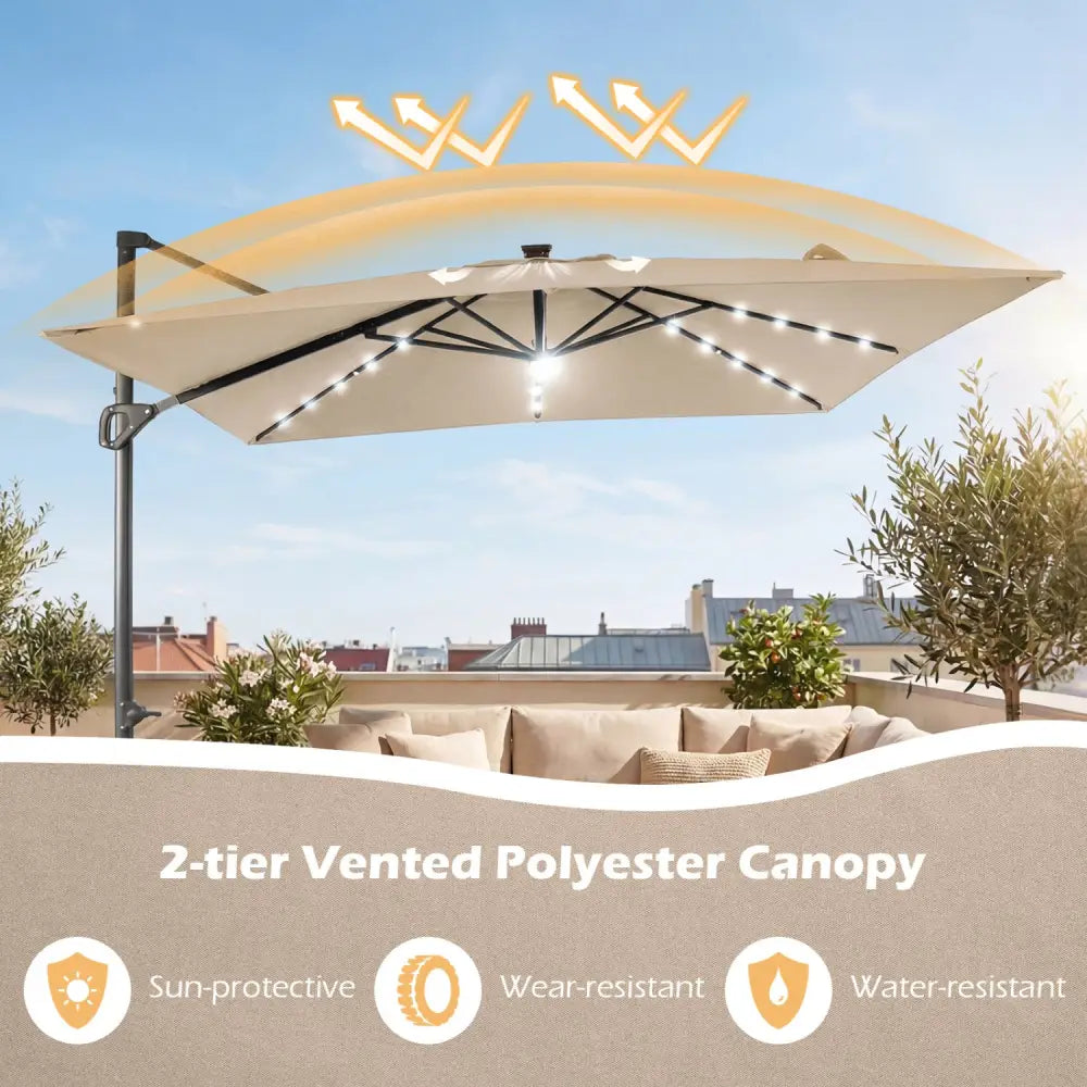 10 FT Cantilever Patio Umbrella with 32 Solar LED Lights and 220 LBS Base-Beige - Beige - Outdoor Umbrellas