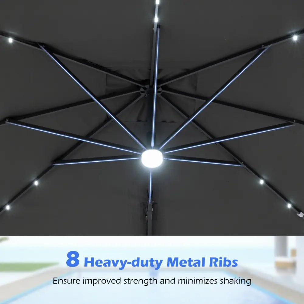 10 FT Cantilever Patio Umbrella with 32 Solar LED Lights and 220 LBS Base-Gray - Gray - Outdoor Umbrellas