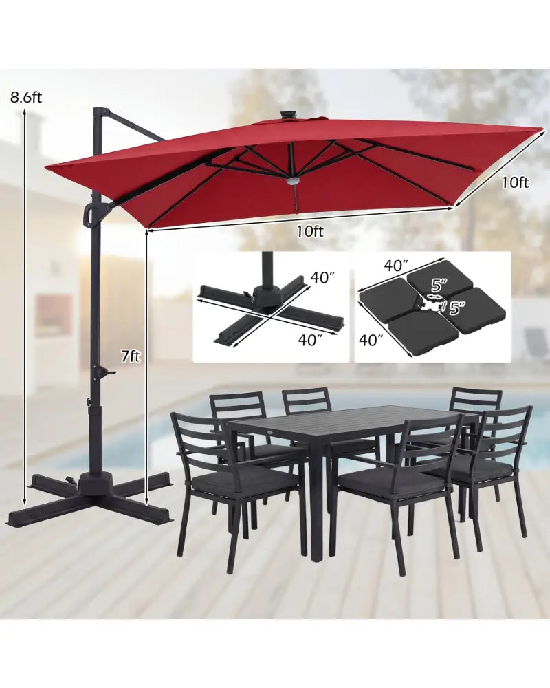 10 FT Cantilever Patio Umbrella with 32 Solar LED Lights and 220 LBS Base-Red - Red - Outdoor Umbrellas