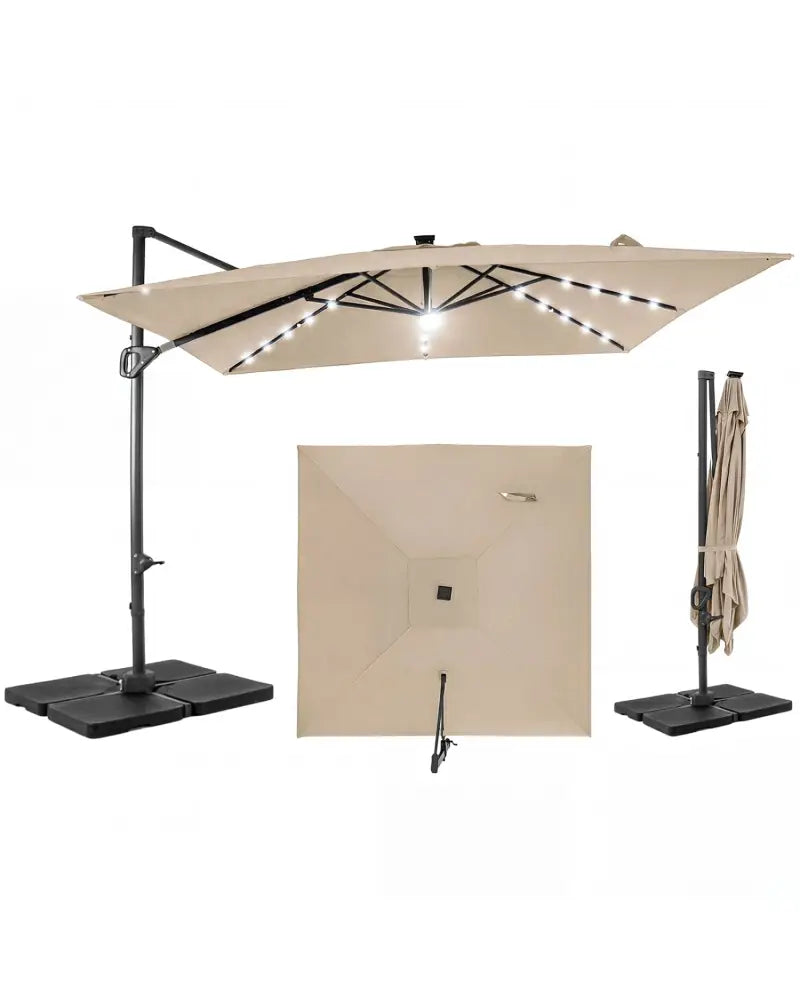 10 FT Cantilever Patio Umbrella with 32 Solar LED Lights and 220 LBS Base-Beige - Beige - Outdoor Umbrellas