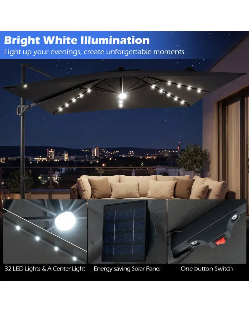 10 FT Cantilever Patio Umbrella with 32 Solar LED Lights and 220 LBS Base-Gray - Gray - Outdoor Umbrellas
