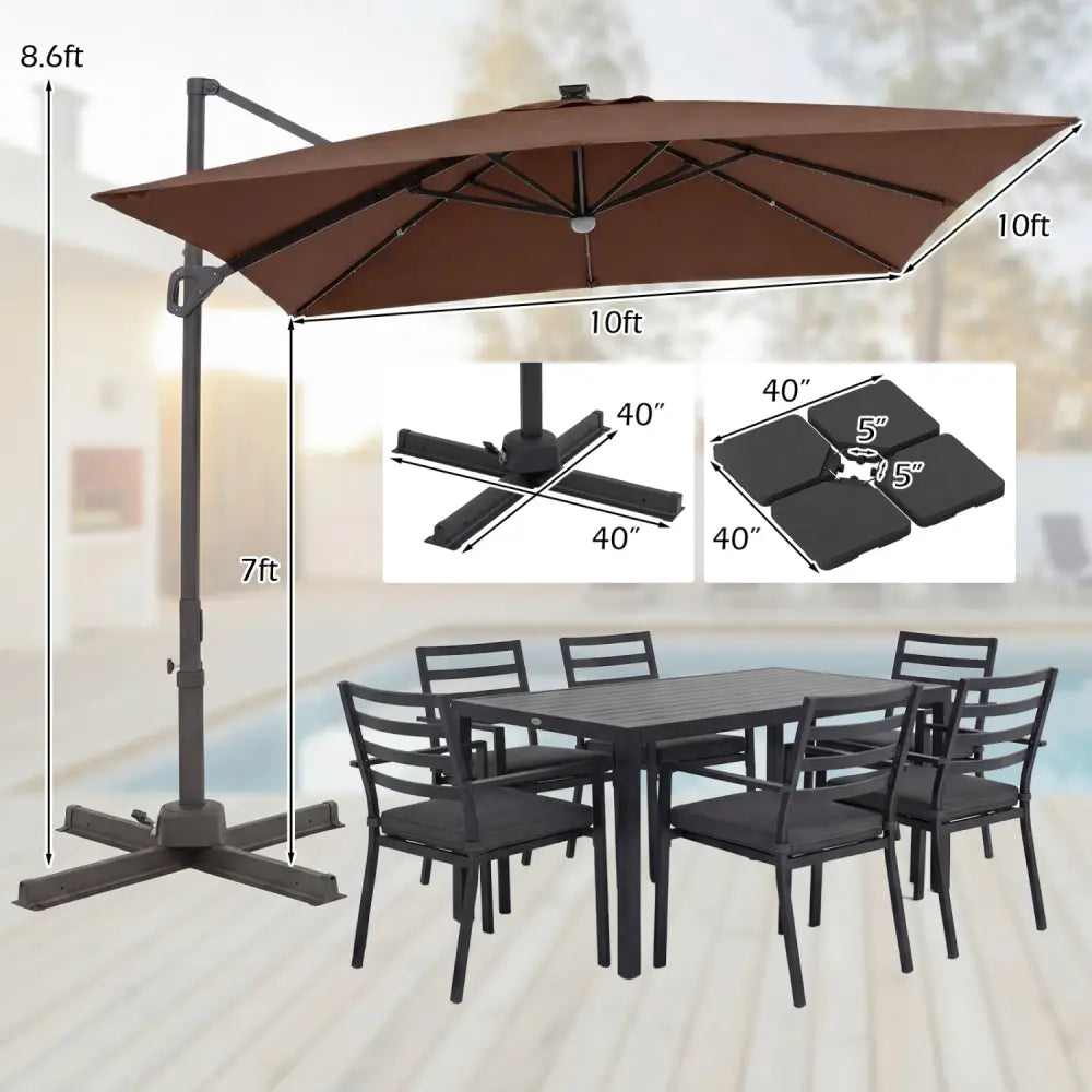 10 FT Cantilever Patio Umbrella with 32 Solar LED Lights and 220 LBS Base-Brown - Brown - Outdoor Umbrellas