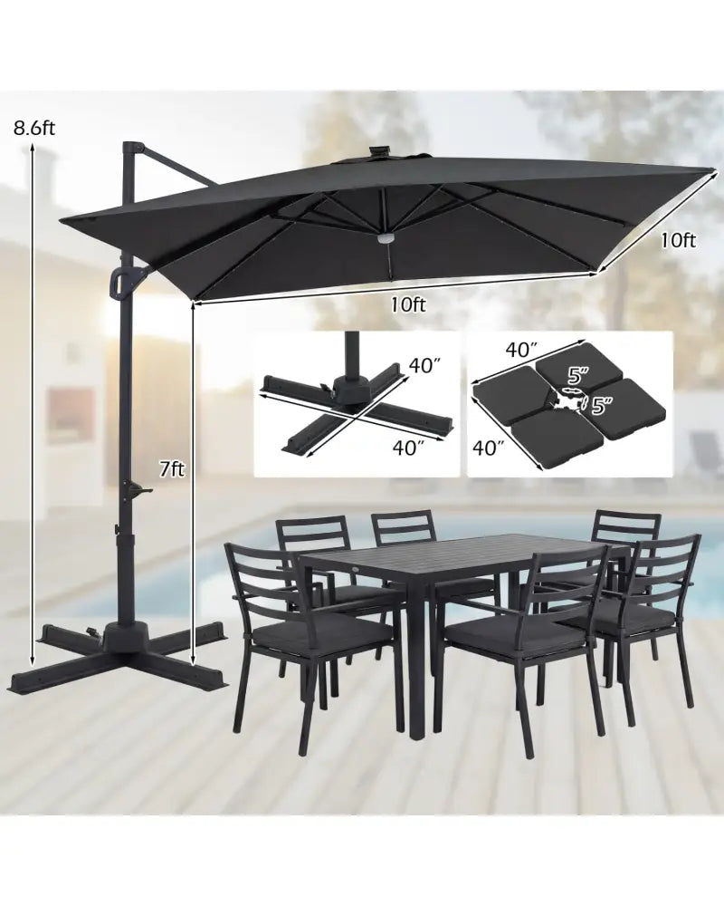 10 FT Cantilever Patio Umbrella with 32 Solar LED Lights and 220 LBS Base-Gray - Gray - Outdoor Umbrellas