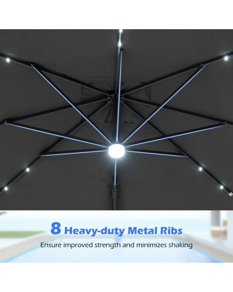 10 FT Cantilever Patio Umbrella with 32 Solar LED Lights and 220 LBS Base-Gray - Gray - Outdoor Umbrellas