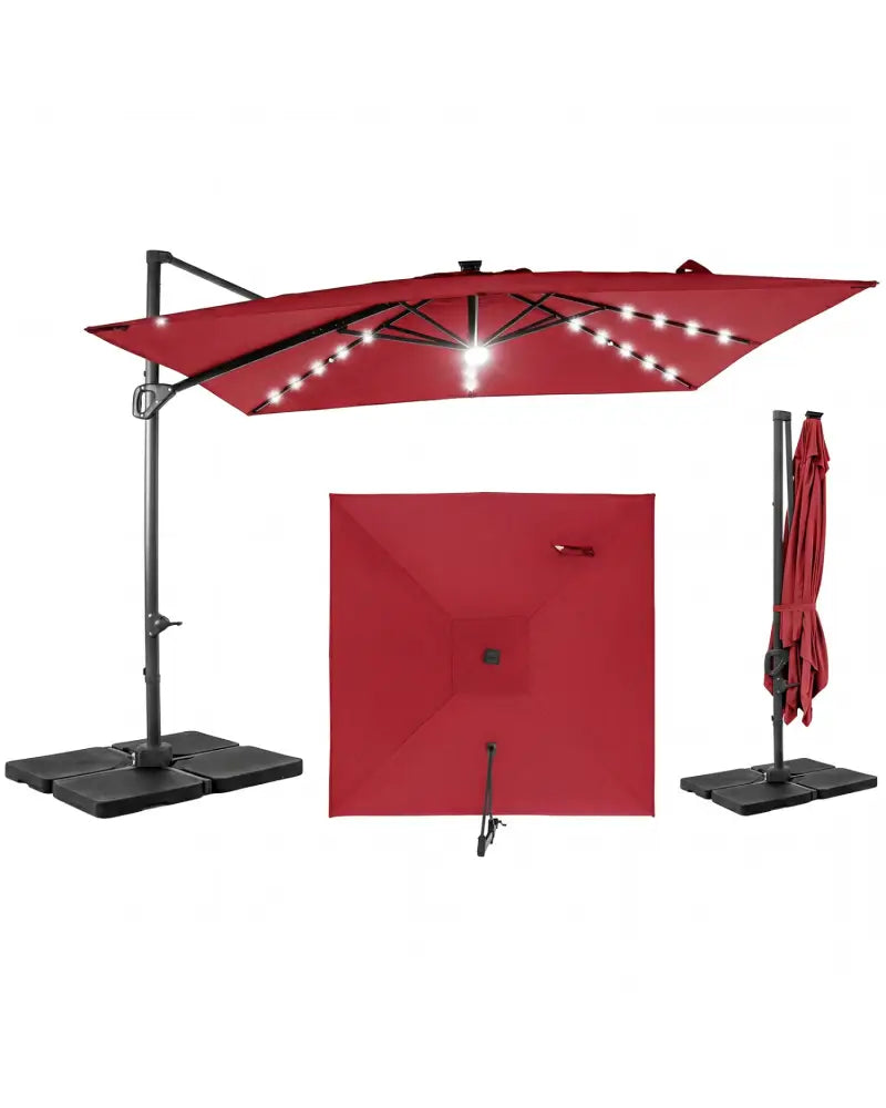 10 FT Cantilever Patio Umbrella with 32 Solar LED Lights and 220 LBS Base-Red - Red - Outdoor Umbrellas
