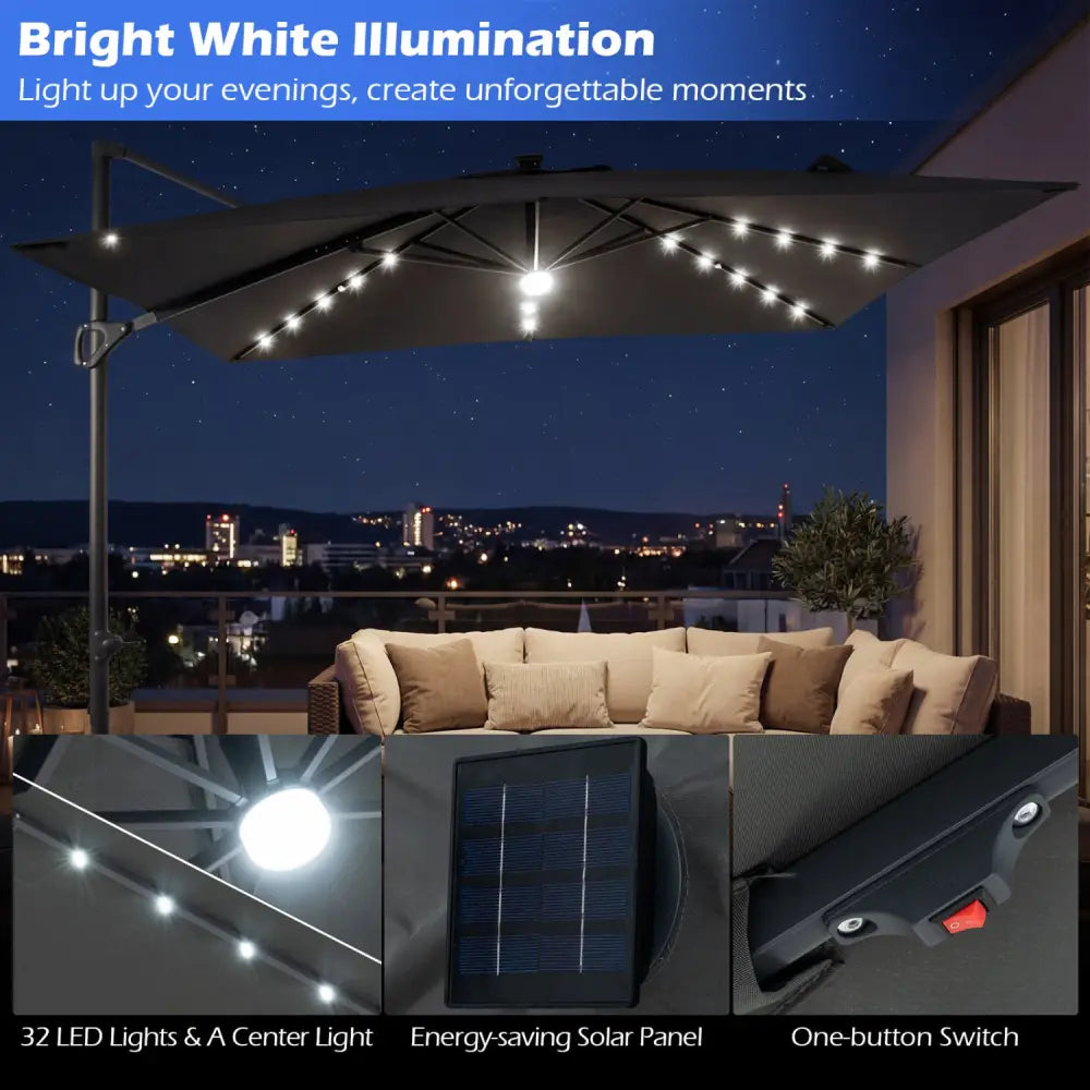 10 FT Cantilever Patio Umbrella with 32 Solar LED Lights and 220 LBS Base-Gray - Gray - Outdoor Umbrellas