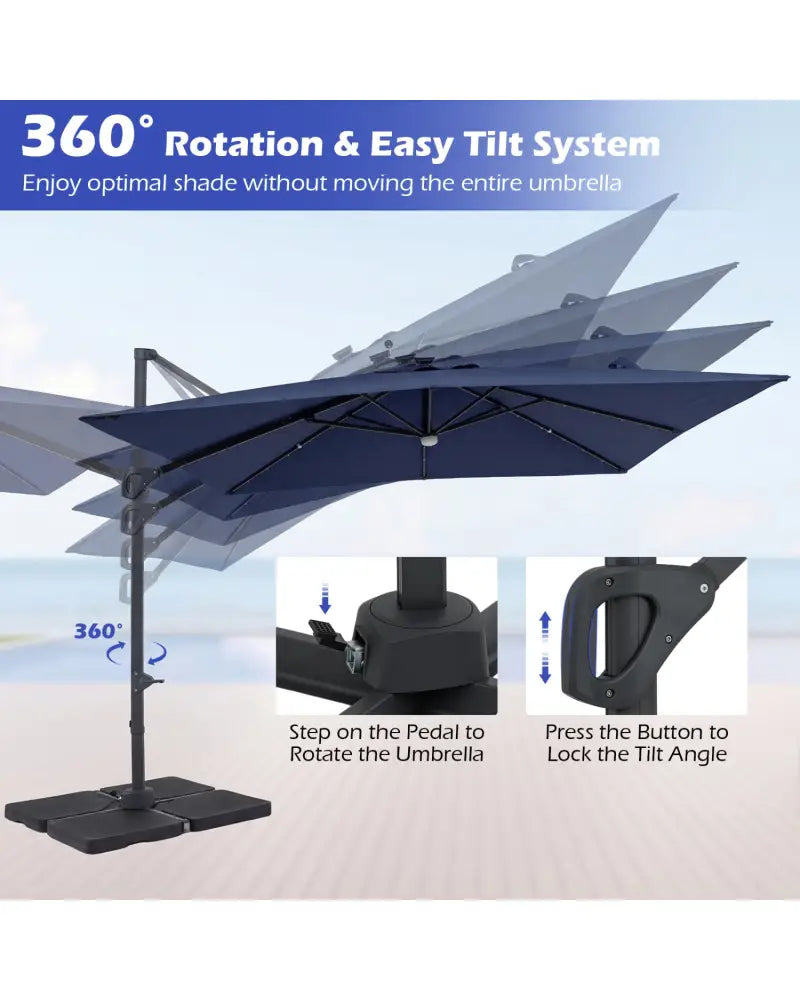 10 FT Cantilever Patio Umbrella with 32 Solar LED Lights and 220 LBS Base-Dark Blue - Dark Blue - Outdoor Umbrellas