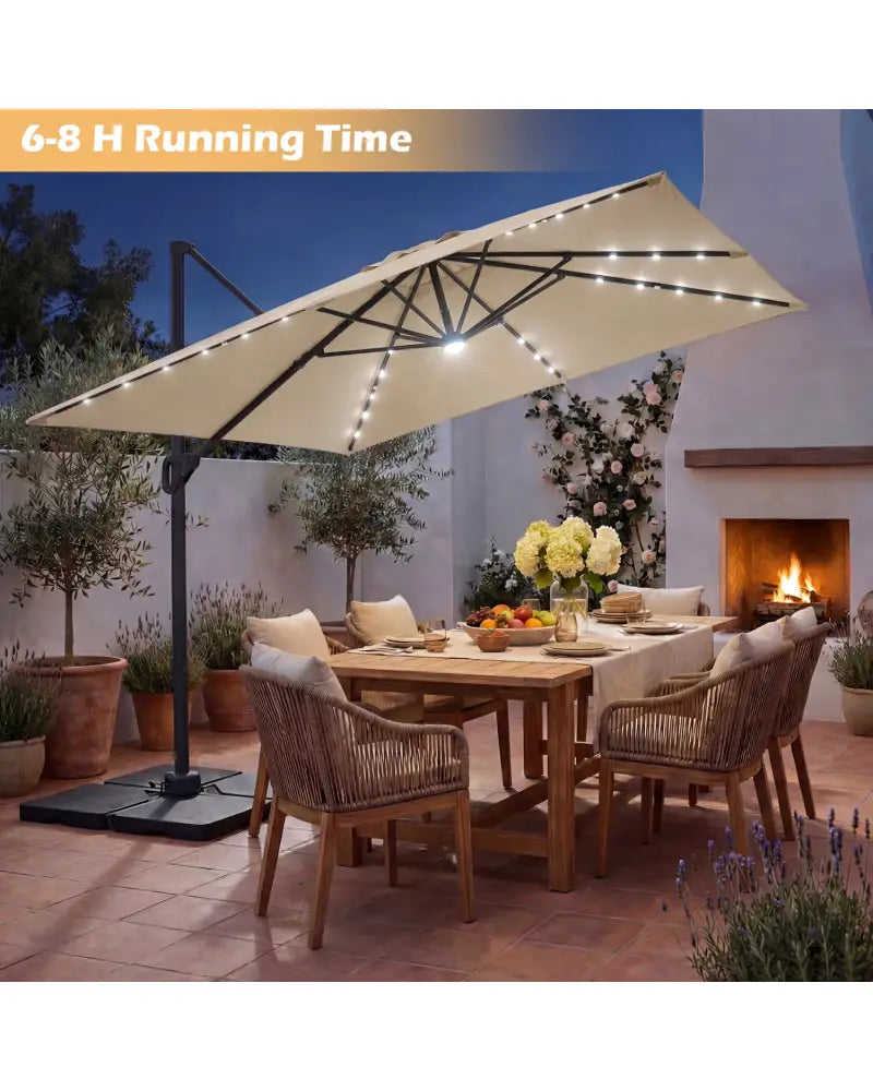 10 FT Cantilever Patio Umbrella with 32 Solar LED Lights and 220 LBS Base-Beige - Beige - Outdoor Umbrellas