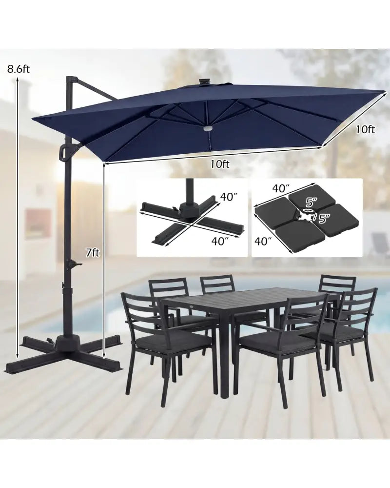 10 FT Cantilever Patio Umbrella with 32 Solar LED Lights and 220 LBS Base-Dark Blue - Dark Blue - Outdoor Umbrellas