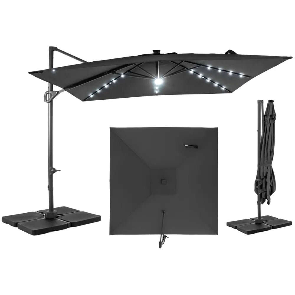 10 FT Cantilever Patio Umbrella with 32 Solar LED Lights and 220 LBS Base-Gray - Gray - Outdoor Umbrellas