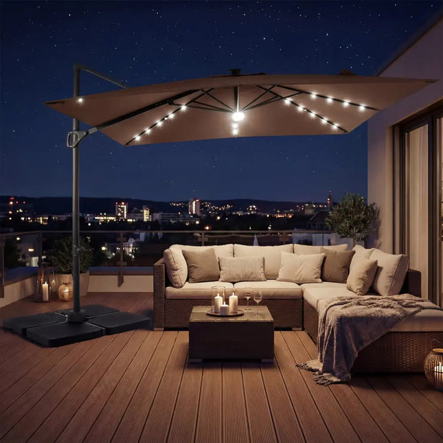 10 FT Cantilever Patio Umbrella with 32 Solar LED Lights and 220 LBS Base-Brown - Brown - Outdoor Umbrellas