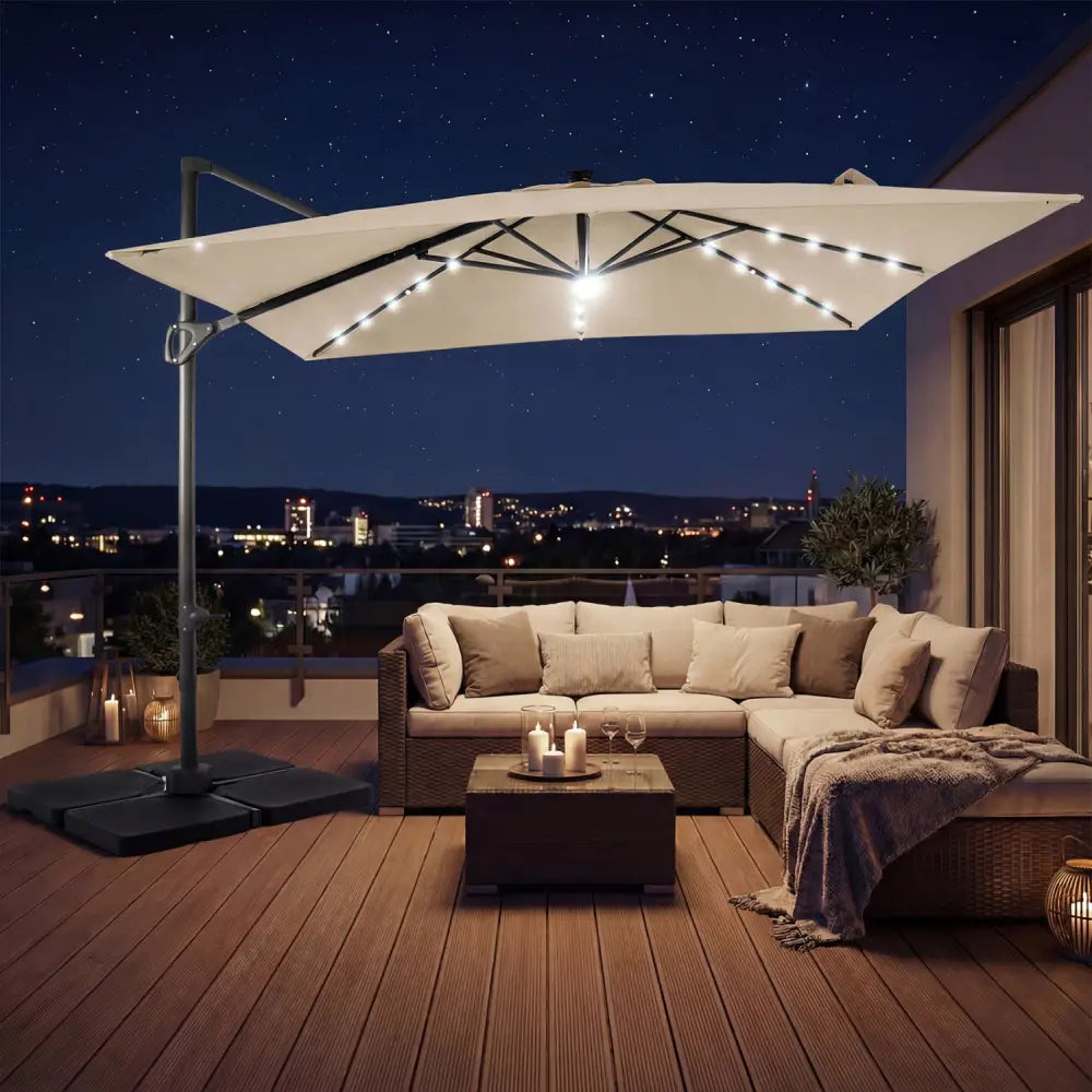 10 FT Cantilever Patio Umbrella with 32 Solar LED Lights and 220 LBS Base-Beige - Beige - Outdoor Umbrellas