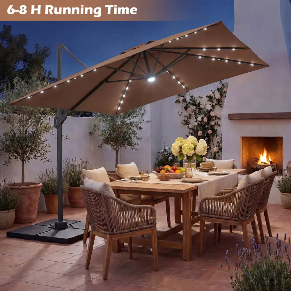 10 FT Cantilever Patio Umbrella with 32 Solar LED Lights and 220 LBS Base-Brown - Brown - Outdoor Umbrellas