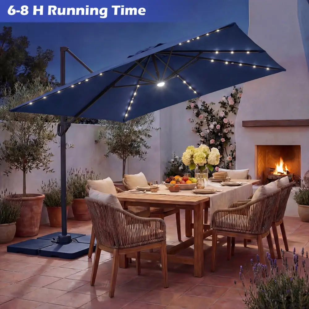 10 FT Cantilever Patio Umbrella with 32 Solar LED Lights and 220 LBS Base-Dark Blue - Dark Blue - Outdoor Umbrellas