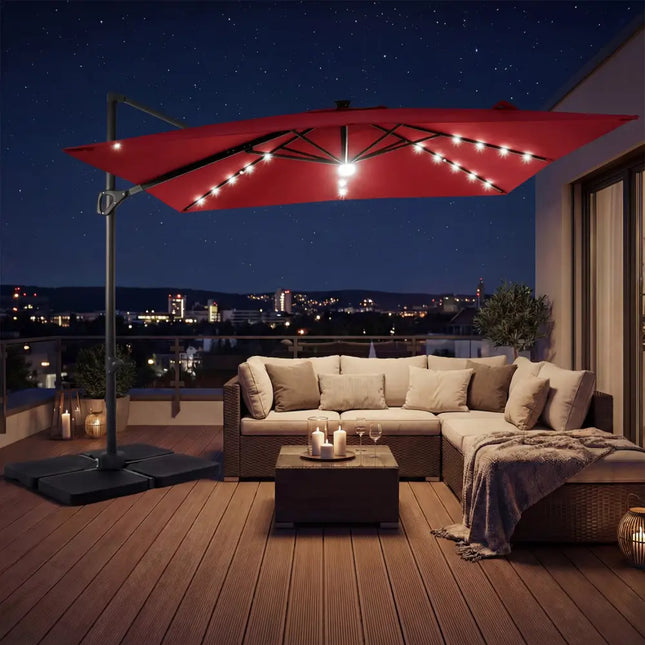 10 FT Cantilever Patio Umbrella with 32 Solar LED Lights and 220 LBS Base-Red - Red - Outdoor Umbrellas