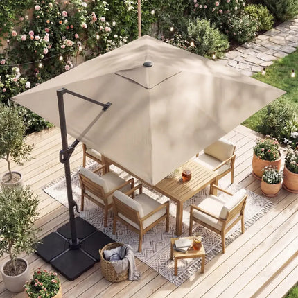 10 FT Cantilever Patio Umbrella with 32 Solar LED Lights and 220 LBS Base-Beige - Beige - Outdoor Umbrellas