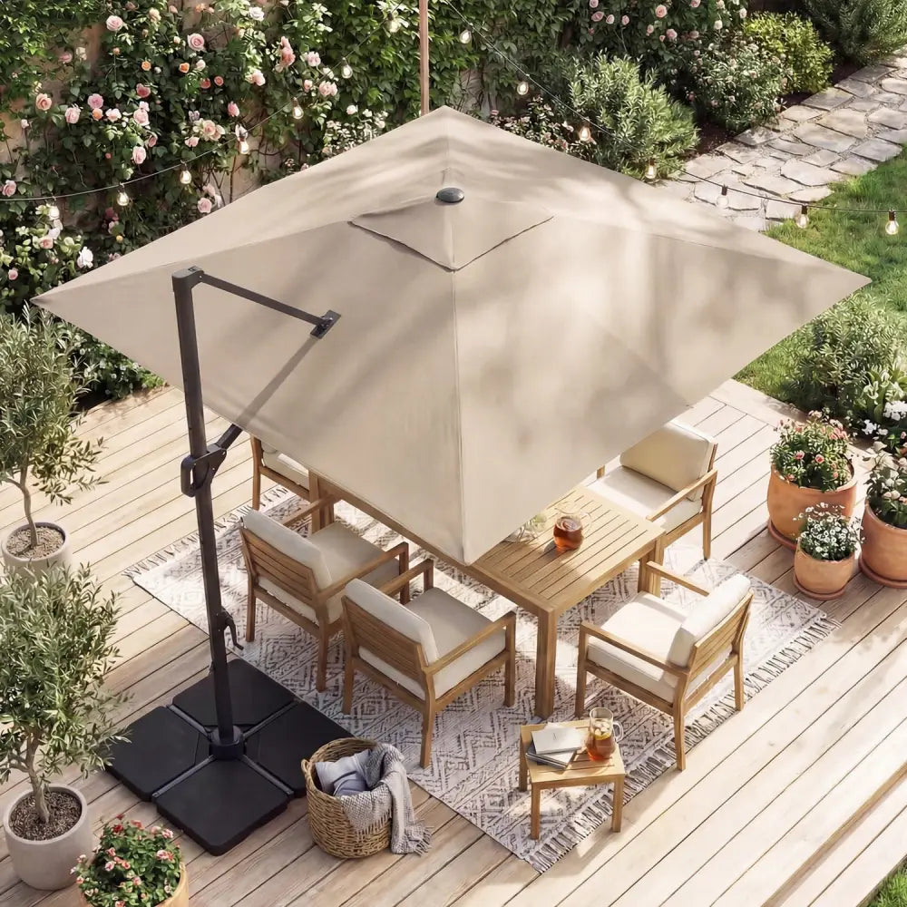 10 FT Cantilever Patio Umbrella with 32 Solar LED Lights and 220 LBS Base-Beige - Beige - Outdoor Umbrellas