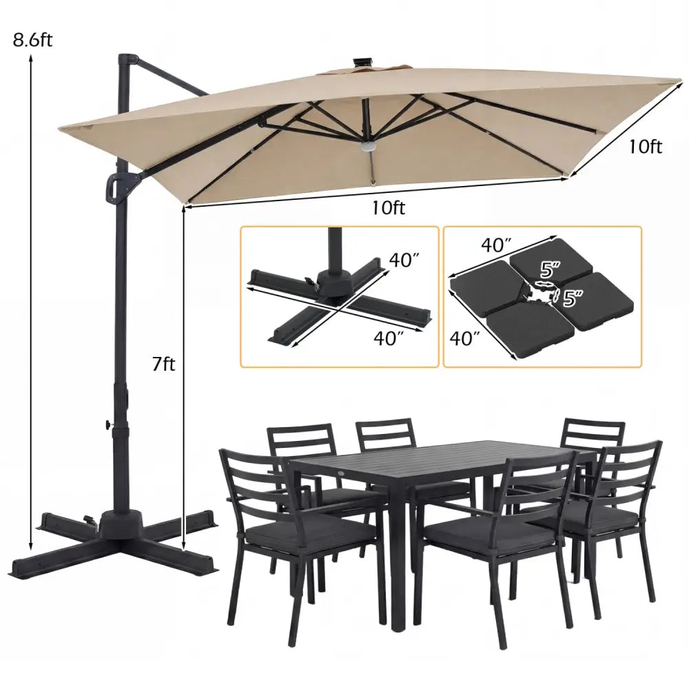10 FT Cantilever Patio Umbrella with 32 Solar LED Lights and 220 LBS Base-Beige - Beige - Outdoor Umbrellas
