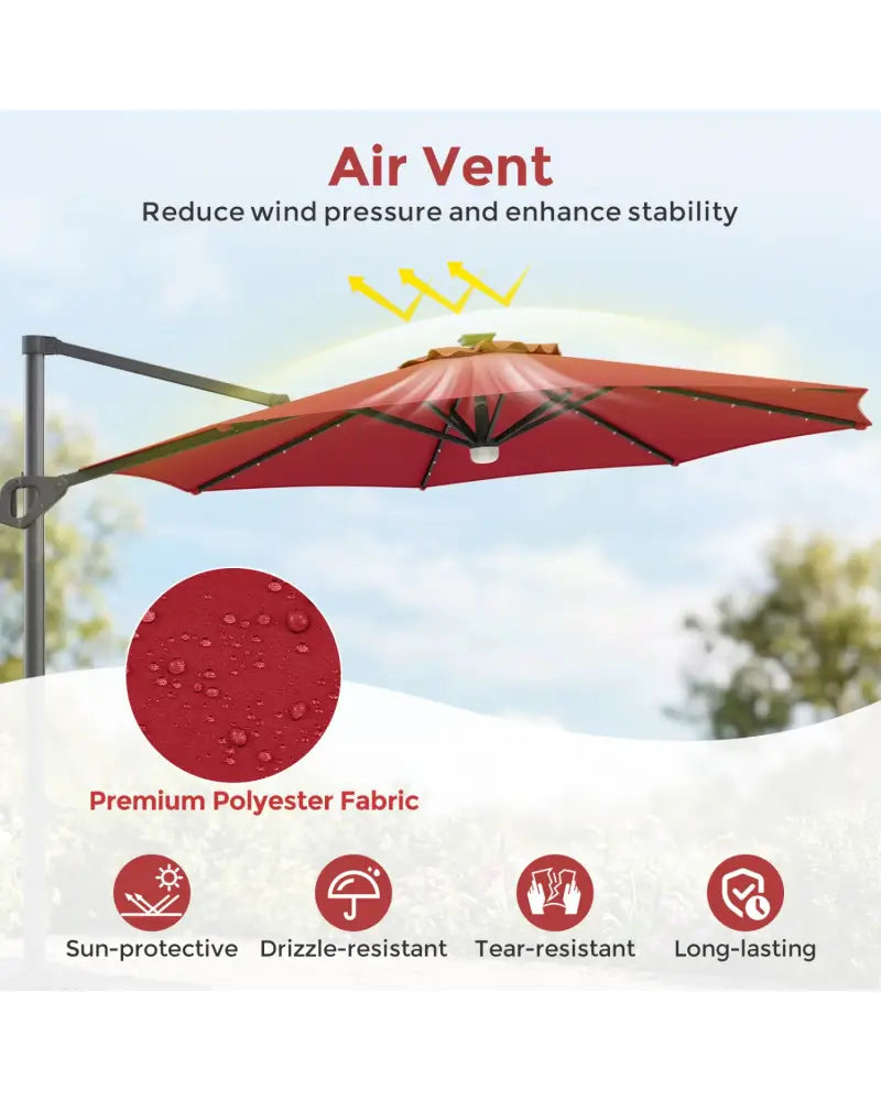 10 FT Cantilever Patio Umbrella with 35 Solar LED Lights and 220 LBS Base-Red - Red - Outdoor Umbrellas