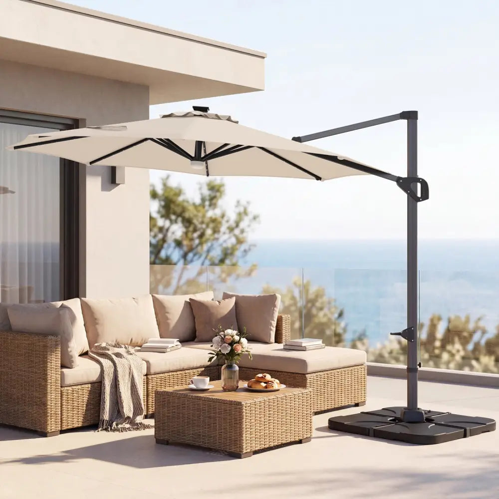 10 FT Cantilever Patio Umbrella with 35 Solar LED Lights and 220 LBS Base-Beige - Beige - Outdoor Umbrellas