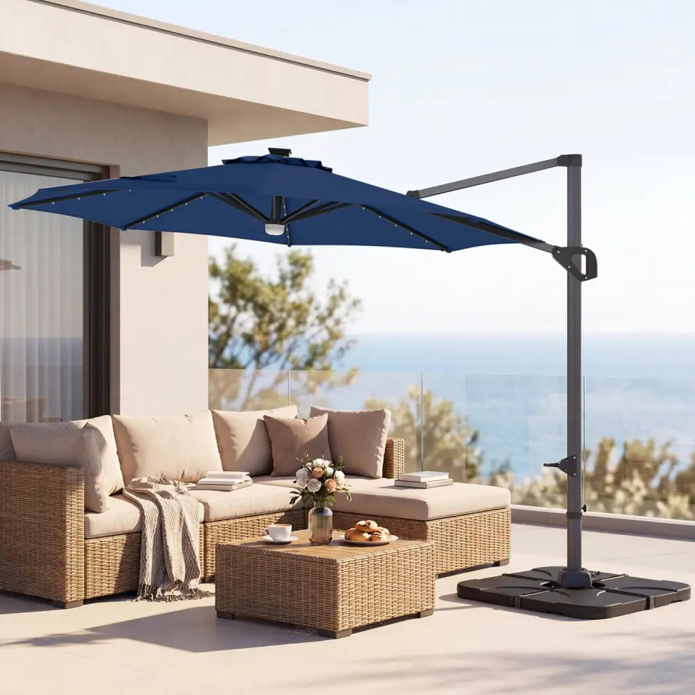 10 FT Cantilever Patio Umbrella with 35 Solar LED Lights and 220 LBS Base-Dark Blue - Dark Blue - Outdoor Umbrellas