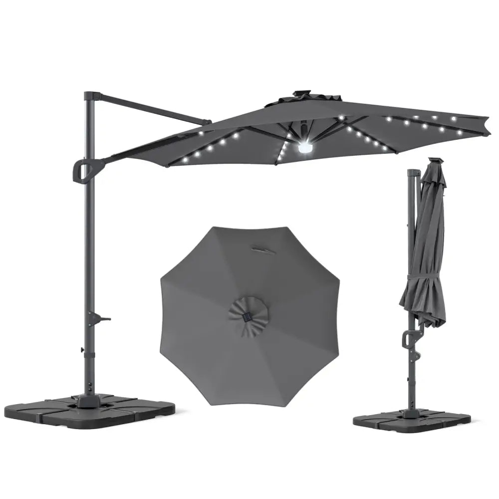10 FT Cantilever Patio Umbrella with 35 Solar LED Lights and 220 LBS Base-Gray - Gray - Outdoor Umbrellas