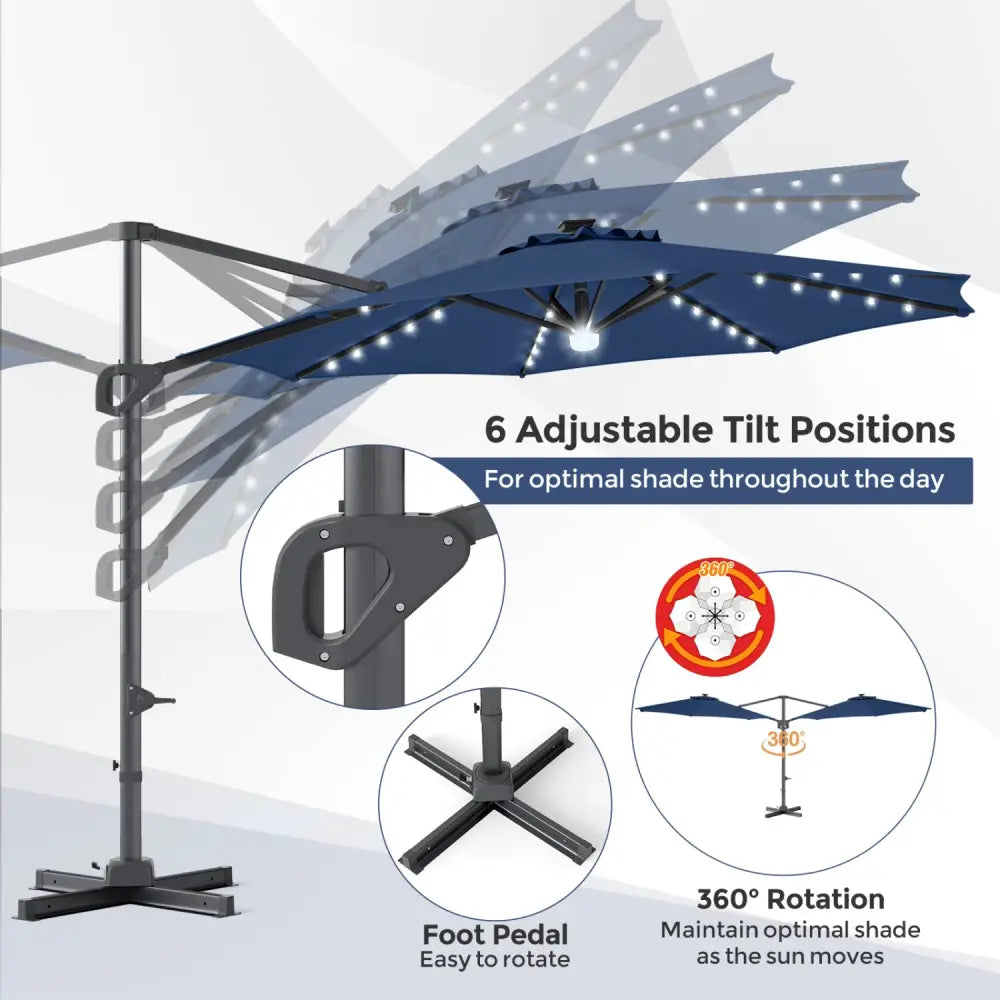 10 FT Cantilever Patio Umbrella with 35 Solar LED Lights and 220 LBS Base-Dark Blue - Dark Blue - Outdoor Umbrellas