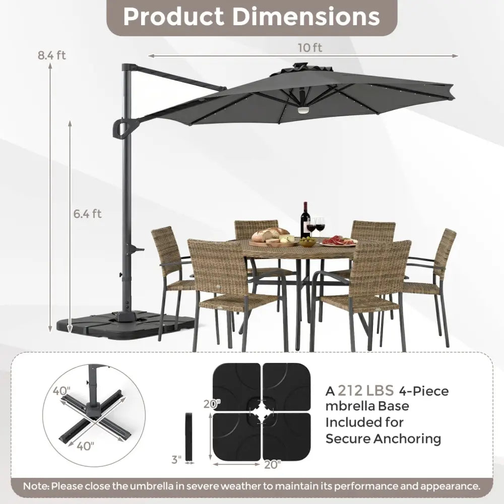 10 FT Cantilever Patio Umbrella with 35 Solar LED Lights and 220 LBS Base-Gray - Gray - Outdoor Umbrellas