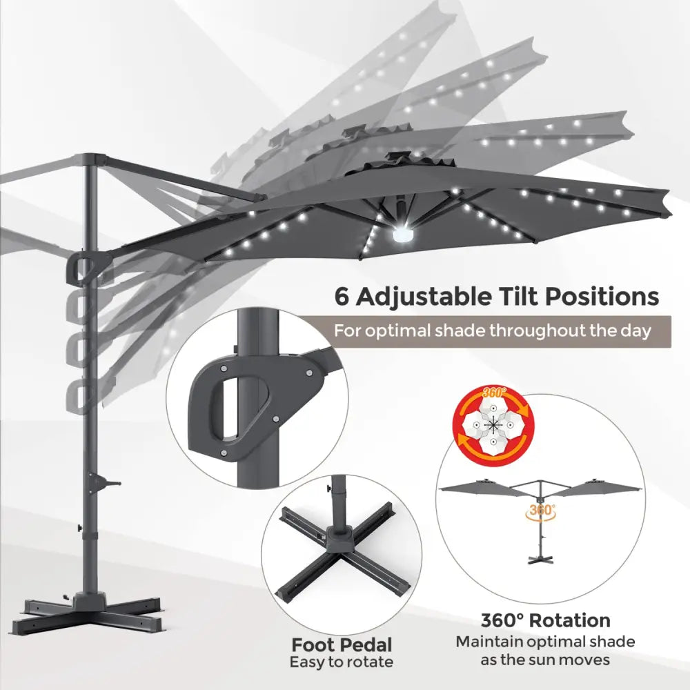 10 FT Cantilever Patio Umbrella with 35 Solar LED Lights and 220 LBS Base-Gray - Gray - Outdoor Umbrellas