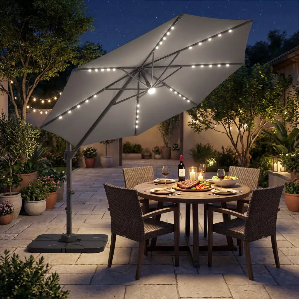 10 FT Cantilever Patio Umbrella with 35 Solar LED Lights and 220 LBS Base-Gray - Gray - Outdoor Umbrellas