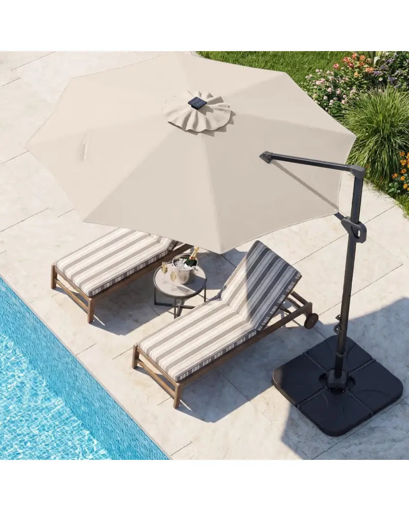 10 FT Cantilever Patio Umbrella with 35 Solar LED Lights and 220 LBS Base-Beige - Beige - Outdoor Umbrellas