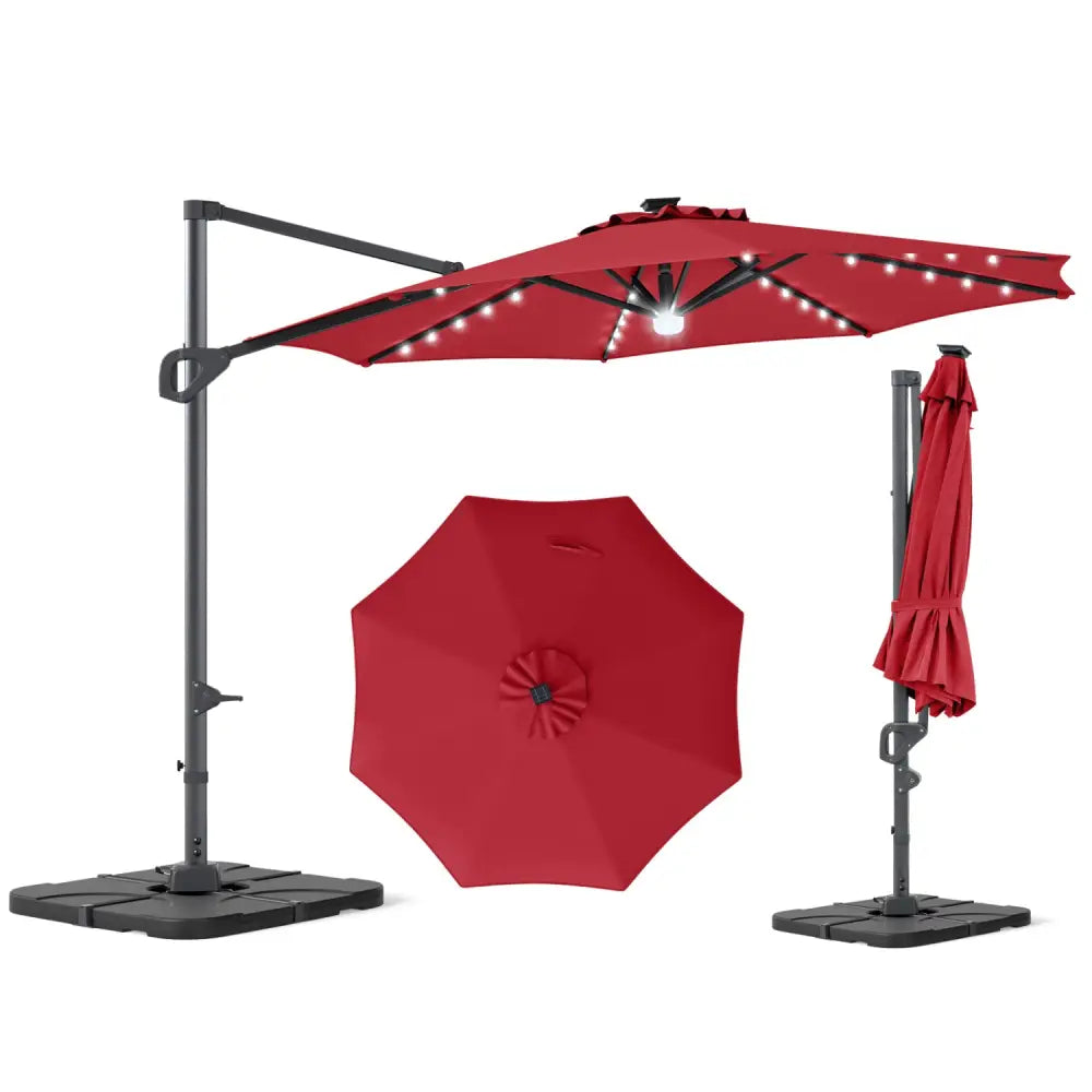 10 FT Cantilever Patio Umbrella with 35 Solar LED Lights and 220 LBS Base-Red - Red - Outdoor Umbrellas