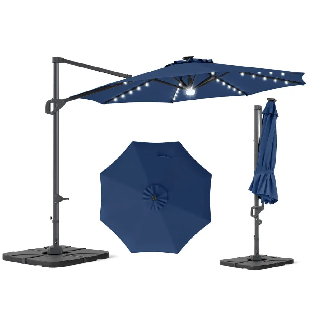 10 FT Cantilever Patio Umbrella with 35 Solar LED Lights and 220 LBS Base-Dark Blue - Dark Blue - Outdoor Umbrellas