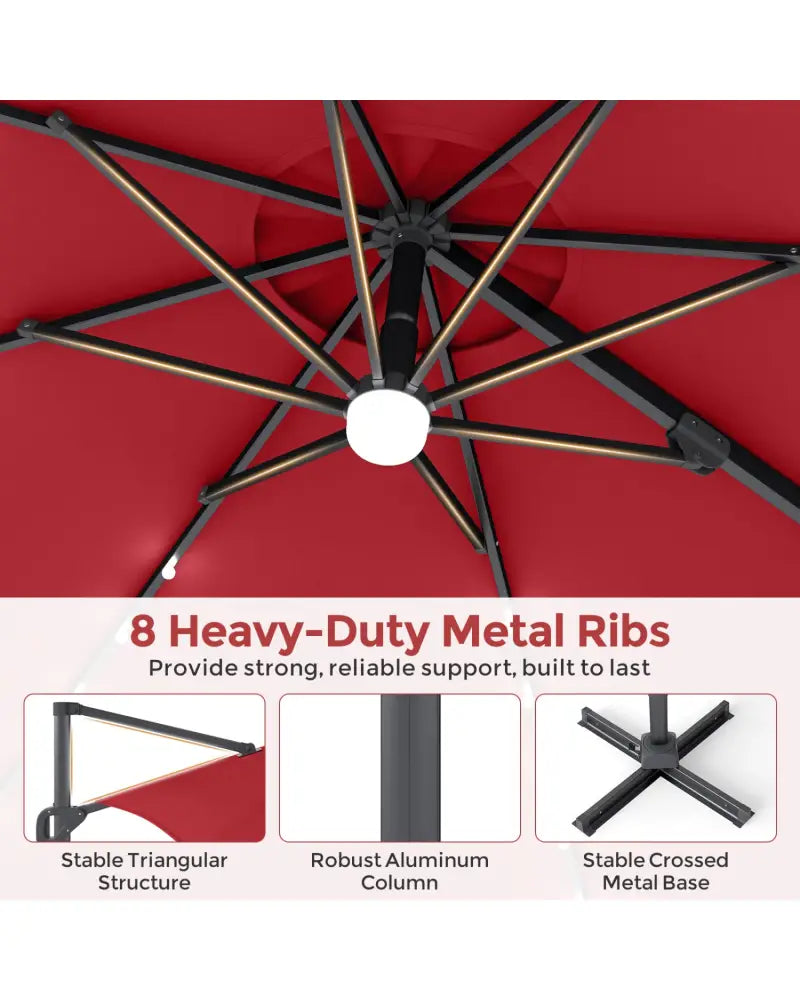 10 FT Cantilever Patio Umbrella with 35 Solar LED Lights and 220 LBS Base-Red - Red - Outdoor Umbrellas