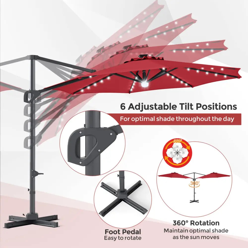10 FT Cantilever Patio Umbrella with 35 Solar LED Lights and 220 LBS Base-Red - Red - Outdoor Umbrellas
