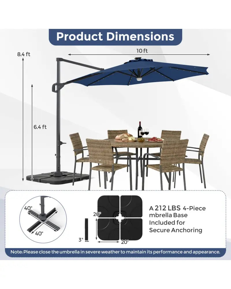 10 FT Cantilever Patio Umbrella with 35 Solar LED Lights and 220 LBS Base-Dark Blue - Dark Blue - Outdoor Umbrellas