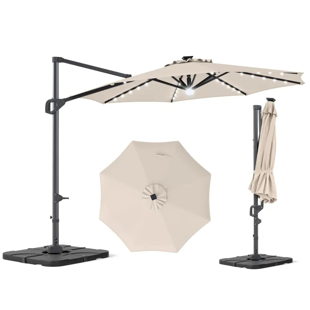 10 FT Cantilever Patio Umbrella with 35 Solar LED Lights and 220 LBS Base-Beige - Beige - Outdoor Umbrellas