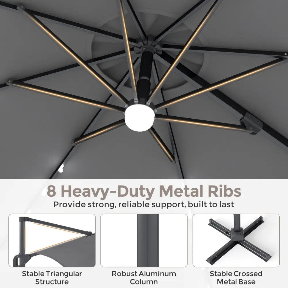 10 FT Cantilever Patio Umbrella with 35 Solar LED Lights and 220 LBS Base-Gray - Gray - Outdoor Umbrellas
