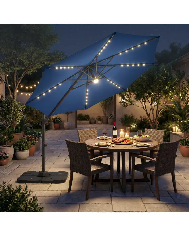 10 FT Cantilever Patio Umbrella with 35 Solar LED Lights and 220 LBS Base-Dark Blue - Dark Blue - Outdoor Umbrellas