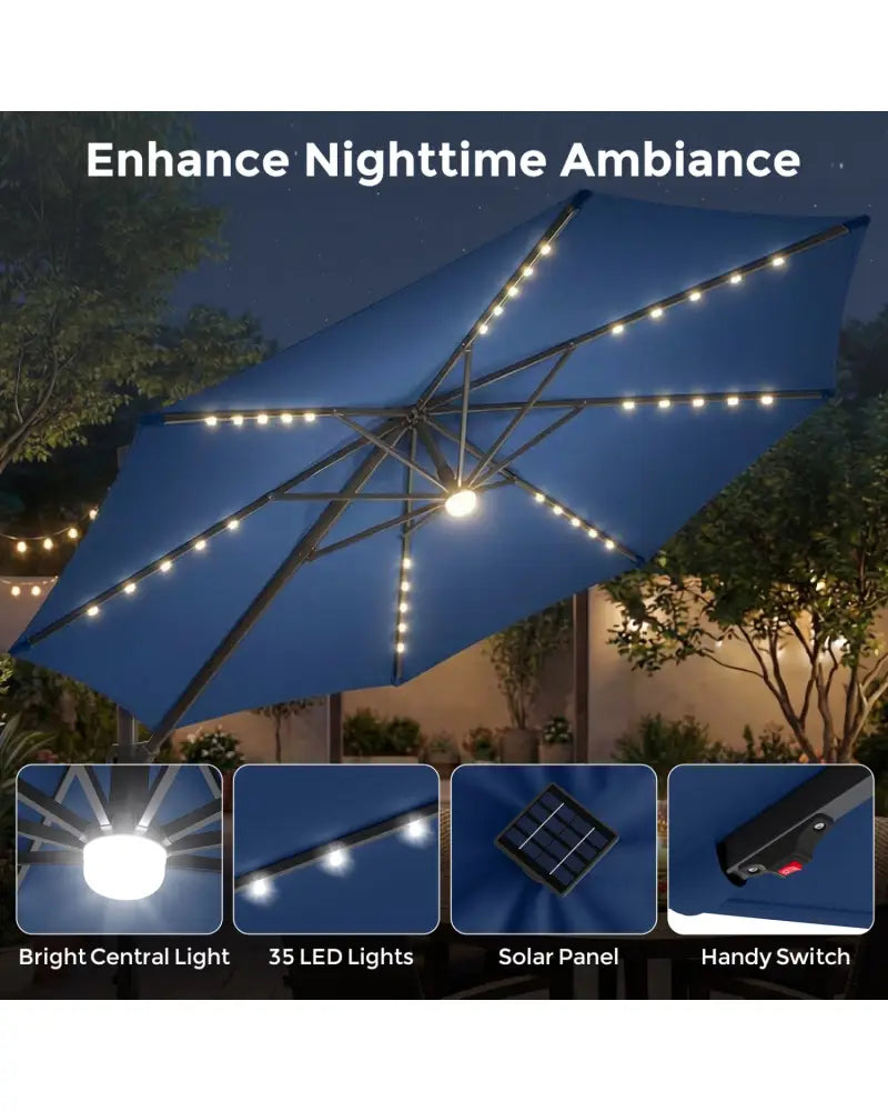 10 FT Cantilever Patio Umbrella with 35 Solar LED Lights and 220 LBS Base-Dark Blue - Dark Blue - Outdoor Umbrellas