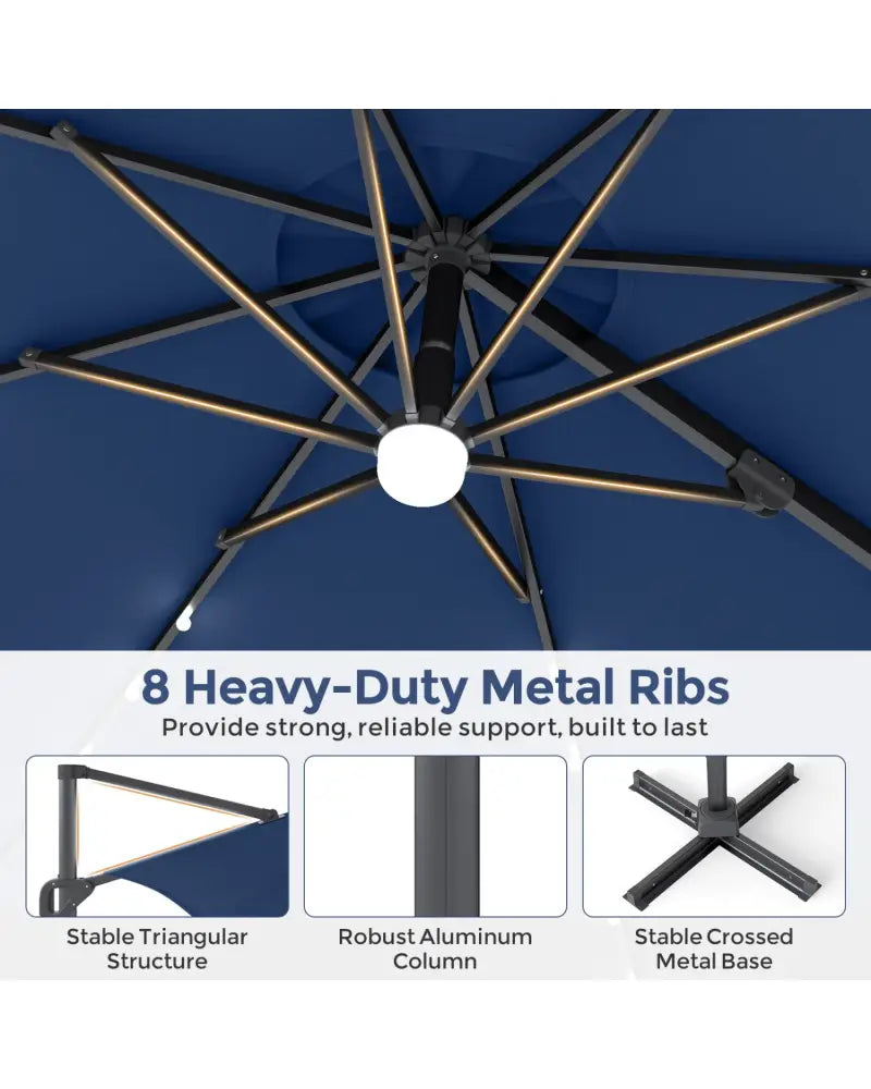 10 FT Cantilever Patio Umbrella with 35 Solar LED Lights and 220 LBS Base-Dark Blue - Dark Blue - Outdoor Umbrellas