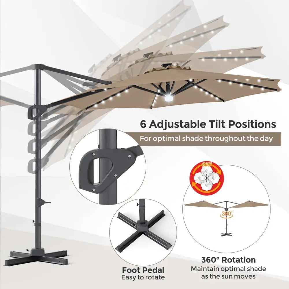 10 FT Cantilever Patio Umbrella with 35 Solar LED Lights and 220 LBS Base-Brown - Brown - Outdoor Umbrellas