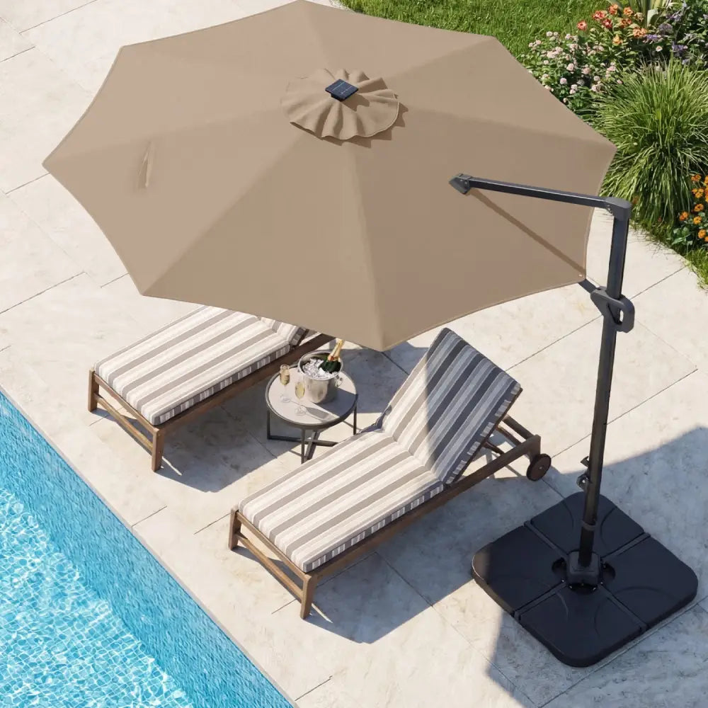 10 FT Cantilever Patio Umbrella with 35 Solar LED Lights and 220 LBS Base-Brown - Brown - Outdoor Umbrellas