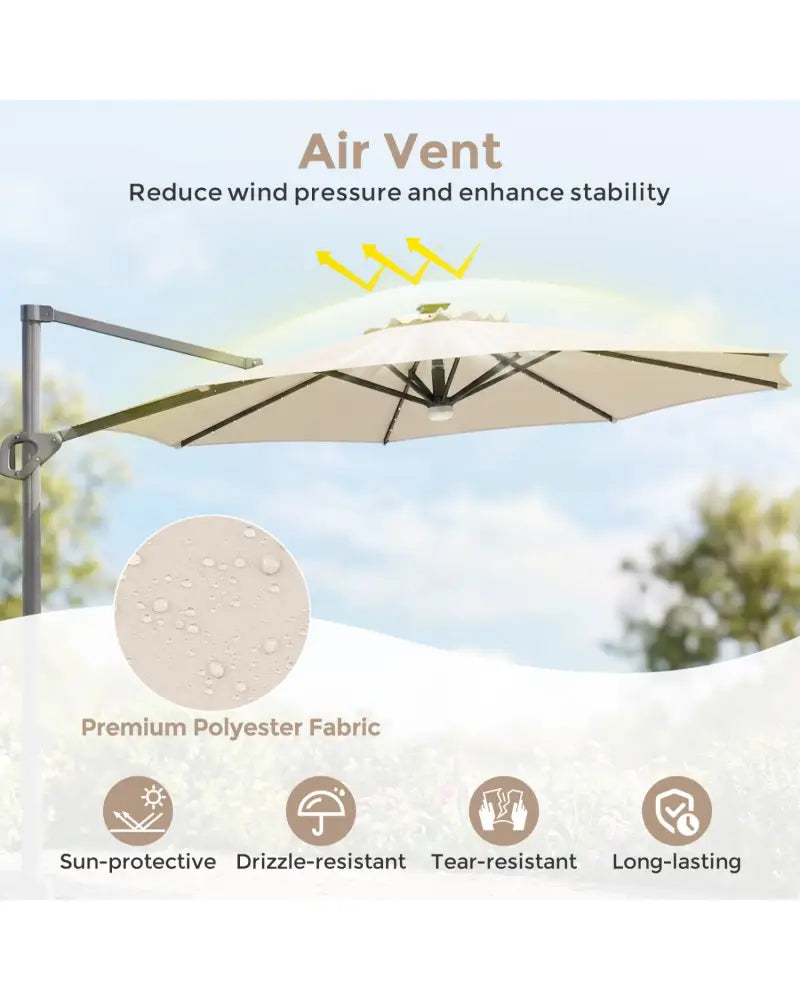 10 FT Cantilever Patio Umbrella with 35 Solar LED Lights and 220 LBS Base-Beige - Beige - Outdoor Umbrellas