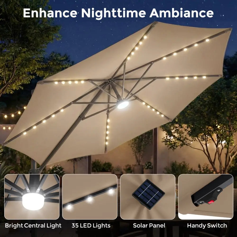 10 FT Cantilever Patio Umbrella with 35 Solar LED Lights and 220 LBS Base-Brown - Brown - Outdoor Umbrellas